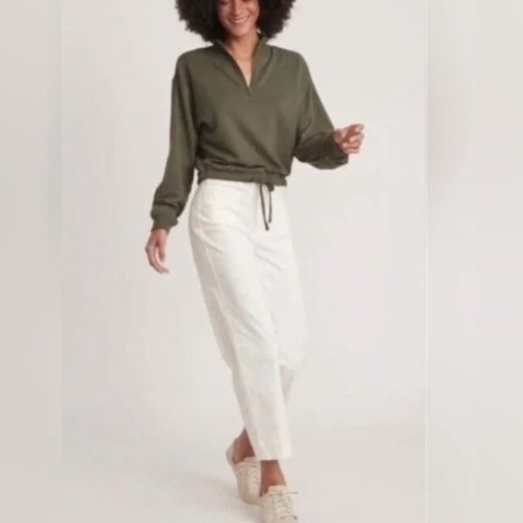 Marine Layer Green Quarter-Zip Drawstring Waist Cropped Pullover Sweatshirt Top - Picture 2 of 8